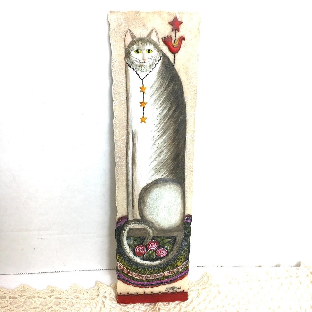 * Vintage E. Smithson 3D Wall Plaque Panel Whimsical Folk Art grey tabby 3" × 11
